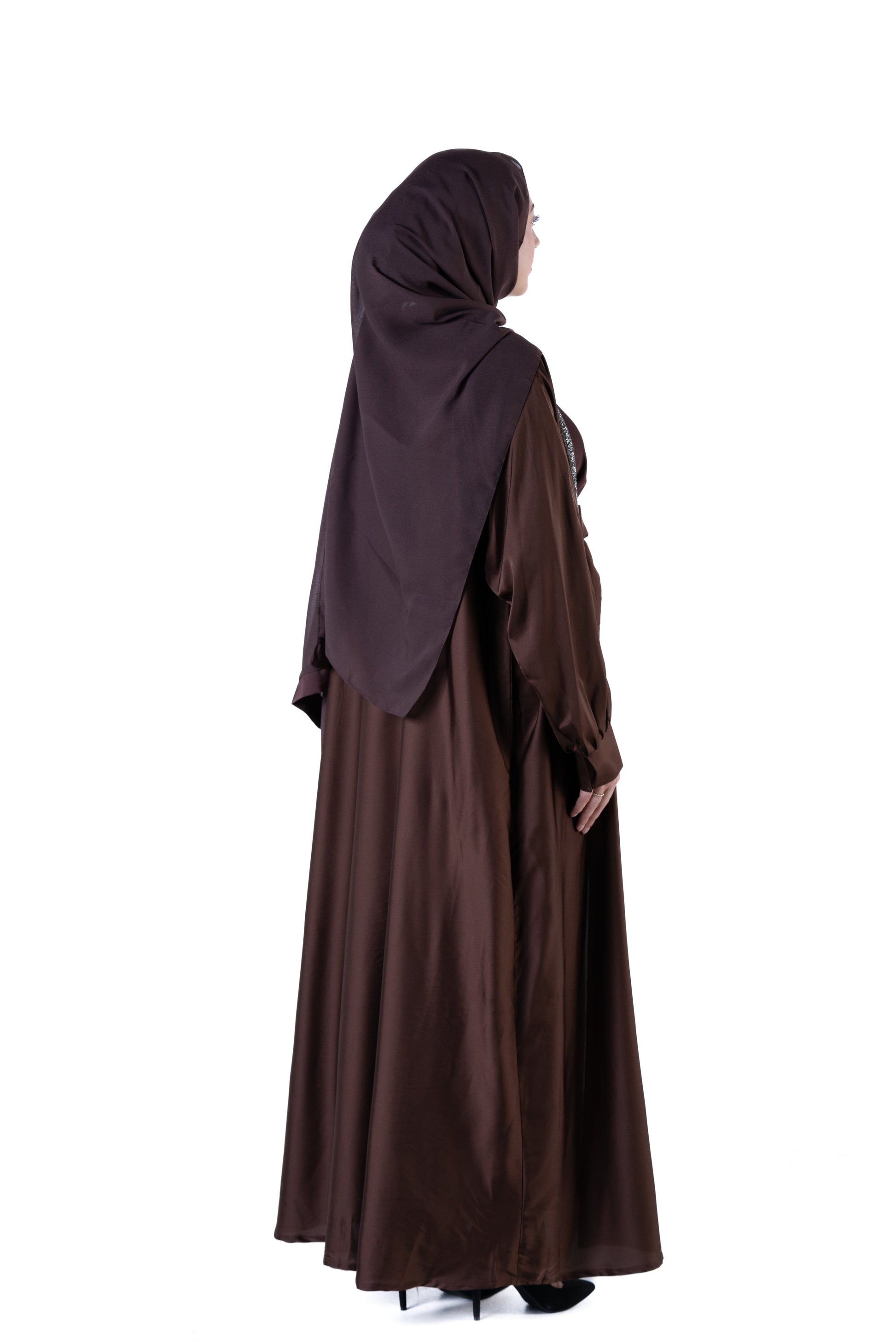 Jolie Nisa Abaya Luxurious  Brown Open Abaya Kimono with Border Trim | Jolie Nisa | Montreal