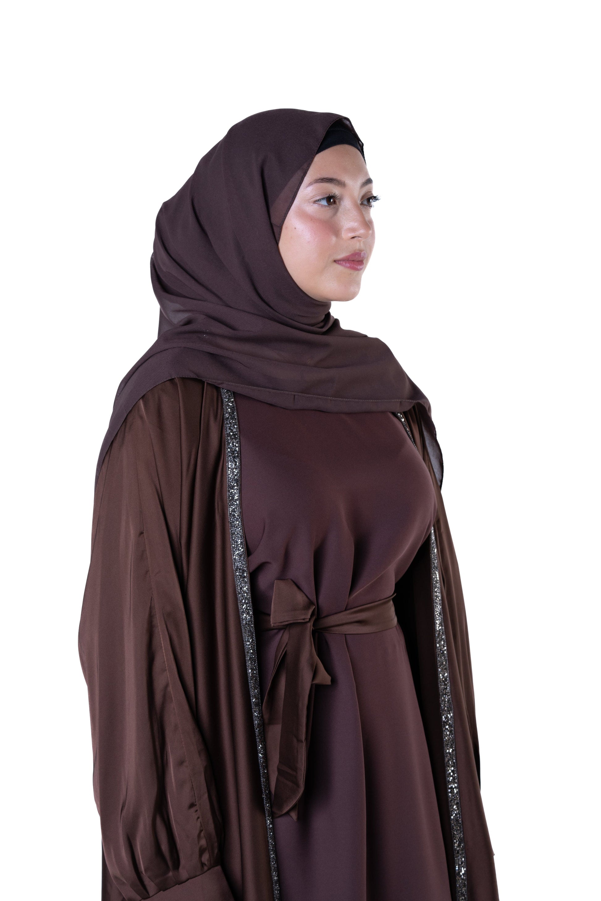 Jolie Nisa Abaya Luxurious  Brown Open Abaya Kimono with Border Trim | Jolie Nisa | Montreal