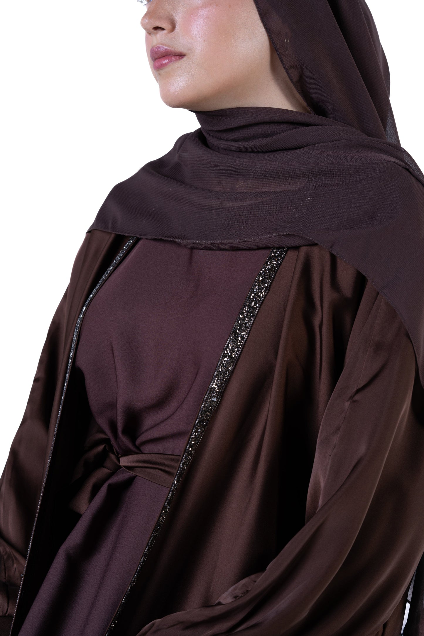 Jolie Nisa Abaya Luxurious  Brown Open Abaya Kimono with Border Trim | Jolie Nisa | Montreal