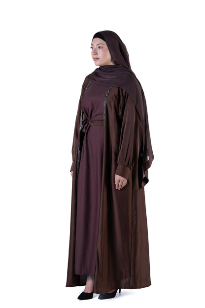 Jolie Nisa Abaya Luxurious  Brown Open Abaya Kimono with Border Trim | Jolie Nisa | Montreal