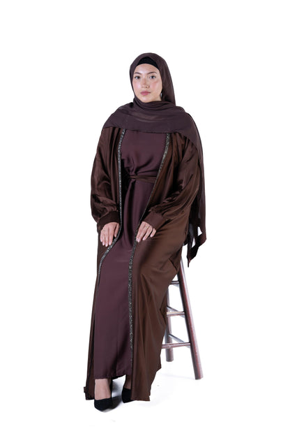 Jolie Nisa Abaya Luxurious  Brown Open Abaya Kimono with Border Trim | Jolie Nisa | Montreal