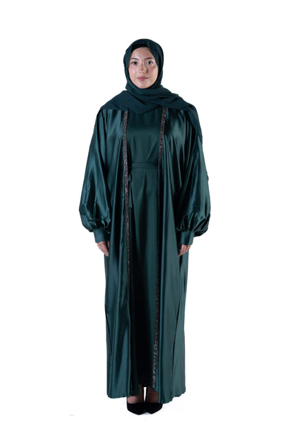 jolienisa Abaya Luxurious Forest Green Open Abaya Kimono with Border Trim - Modest Armani Satin | Made in Dubai Forest Green Satin Abaya Kimono with Border Trim | Modest Wear | Dubai