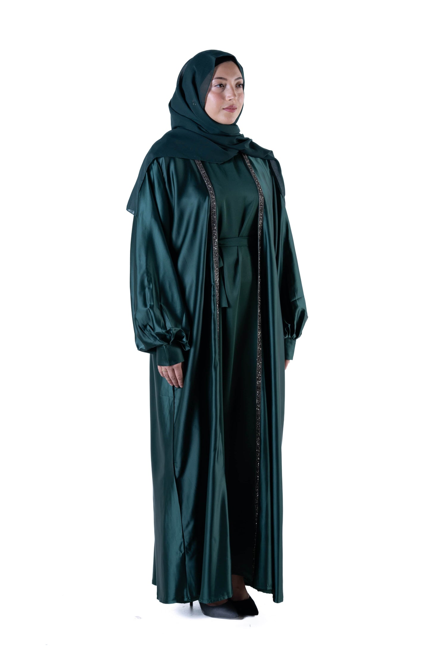 jolienisa Abaya Luxurious Forest Green Open Abaya Kimono with Border Trim - Modest Armani Satin | Made in Dubai Forest Green Satin Abaya Kimono with Border Trim | Modest Wear | Dubai