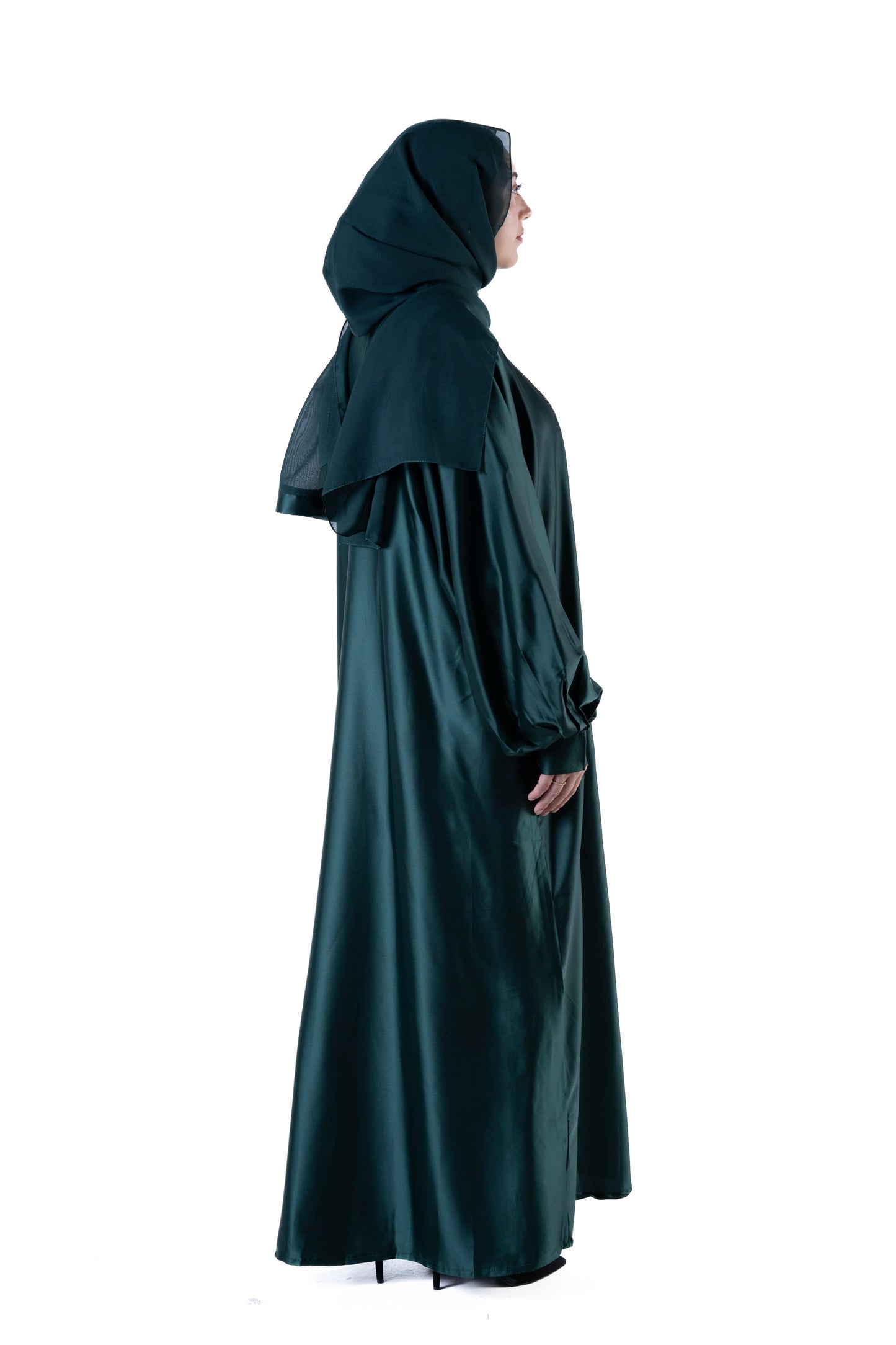 jolienisa Abaya Luxurious Forest Green Open Abaya Kimono with Border Trim - Modest Armani Satin | Made in Dubai Forest Green Satin Abaya Kimono with Border Trim | Modest Wear | Dubai