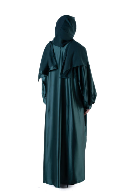 jolienisa Abaya Luxurious Forest Green Open Abaya Kimono with Border Trim - Modest Armani Satin | Made in Dubai Forest Green Satin Abaya Kimono with Border Trim | Modest Wear | Dubai