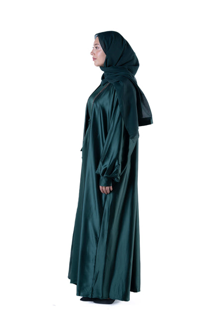 jolienisa Abaya Luxurious Forest Green Open Abaya Kimono with Border Trim - Modest Armani Satin | Made in Dubai Forest Green Satin Abaya Kimono with Border Trim | Modest Wear | Dubai