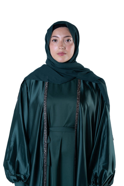 jolienisa Abaya Luxurious Forest Green Open Abaya Kimono with Border Trim - Modest Armani Satin | Made in Dubai Forest Green Satin Abaya Kimono with Border Trim | Modest Wear | Dubai