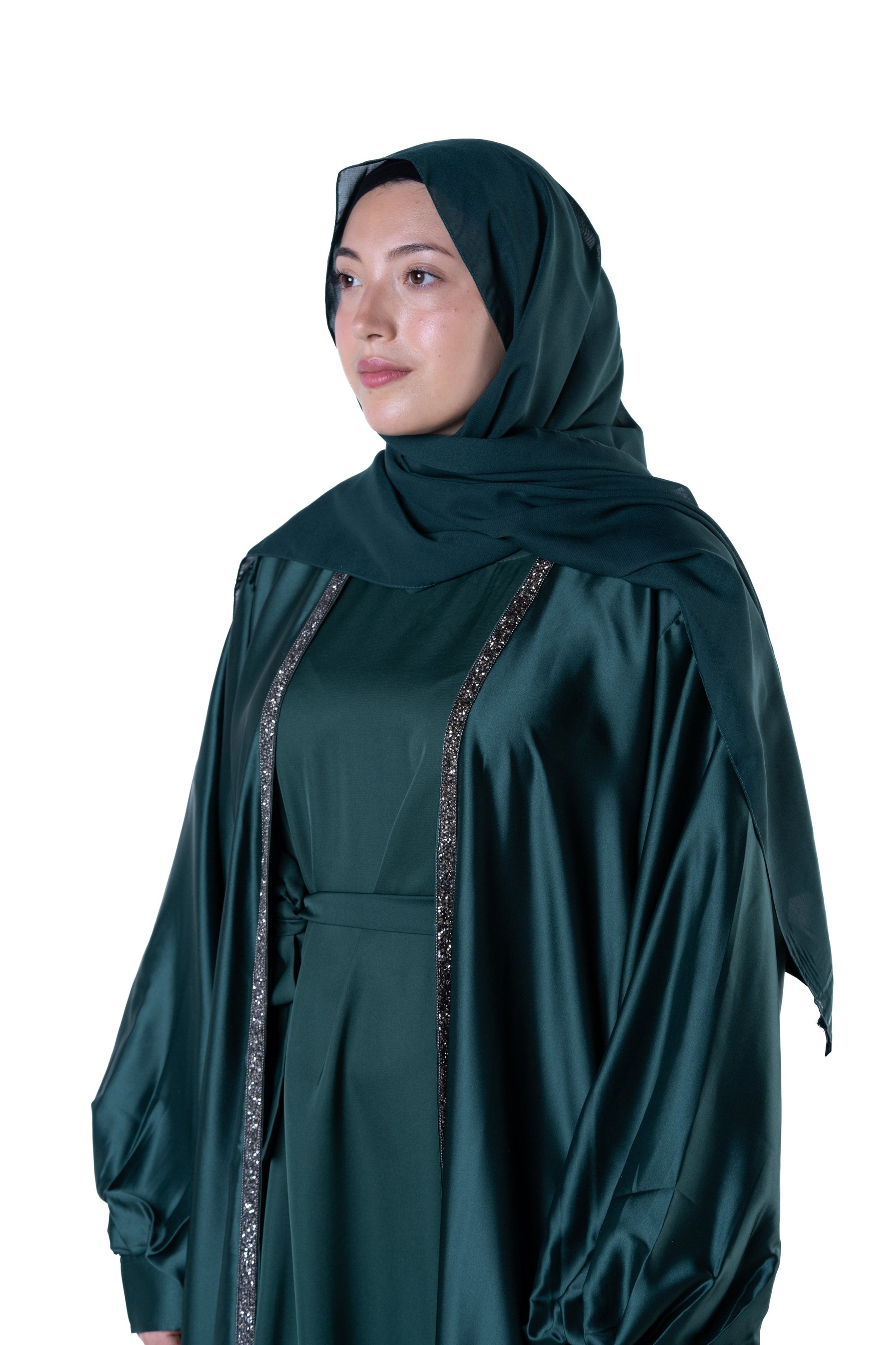 jolienisa Abaya Luxurious Forest Green Open Abaya Kimono with Border Trim - Modest Armani Satin | Made in Dubai Forest Green Satin Abaya Kimono with Border Trim | Modest Wear | Dubai