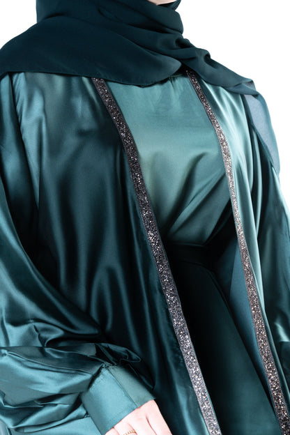 jolienisa Abaya Luxurious Forest Green Open Abaya Kimono with Border Trim - Modest Armani Satin | Made in Dubai Forest Green Satin Abaya Kimono with Border Trim | Modest Wear | Dubai