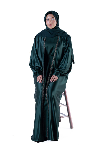 jolienisa Abaya Luxurious Forest Green Open Abaya Kimono with Border Trim - Modest Armani Satin | Made in Dubai Forest Green Satin Abaya Kimono with Border Trim | Modest Wear | Dubai