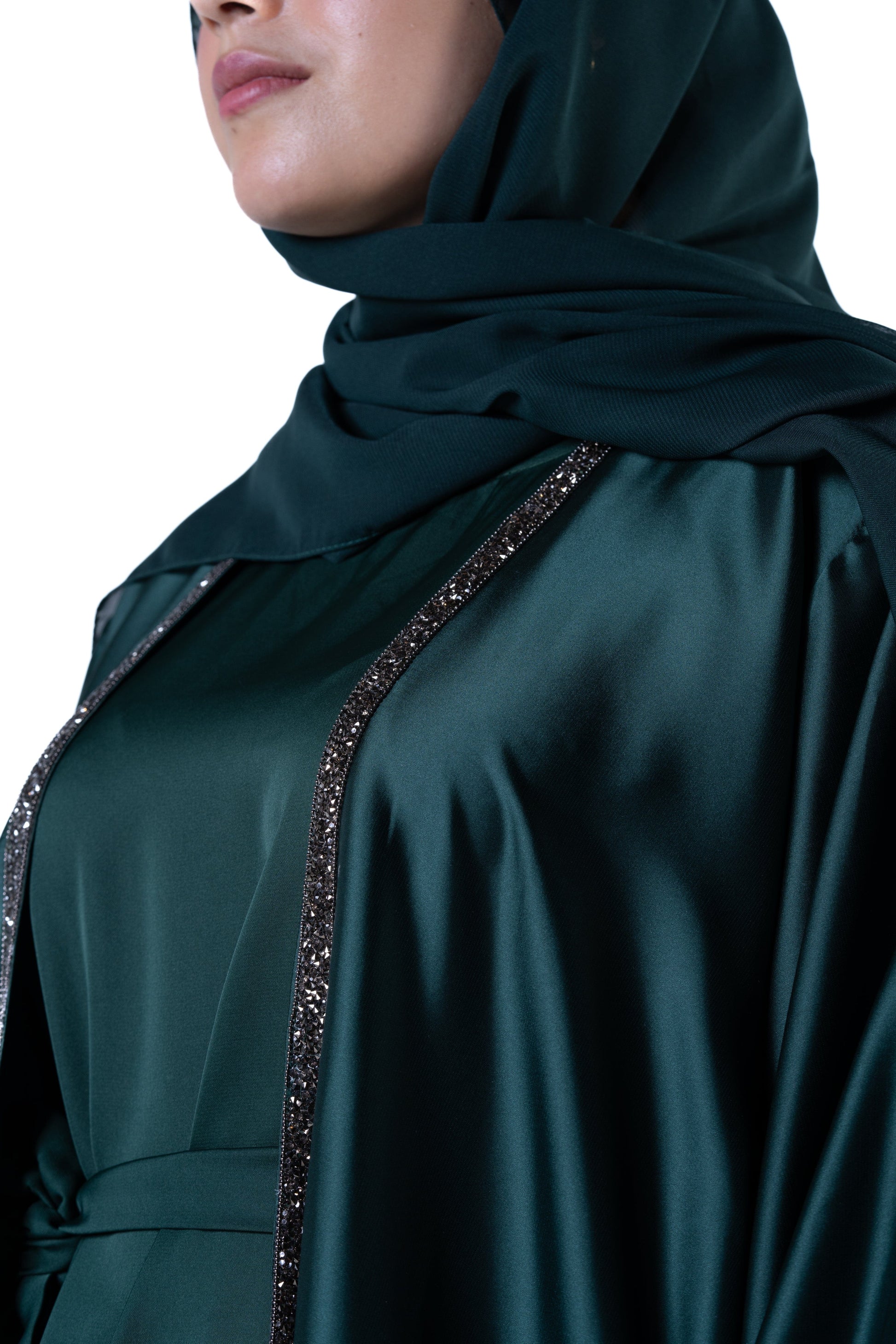 jolienisa Abaya Luxurious Forest Green Open Abaya Kimono with Border Trim - Modest Armani Satin | Made in Dubai Forest Green Satin Abaya Kimono with Border Trim | Modest Wear | Dubai