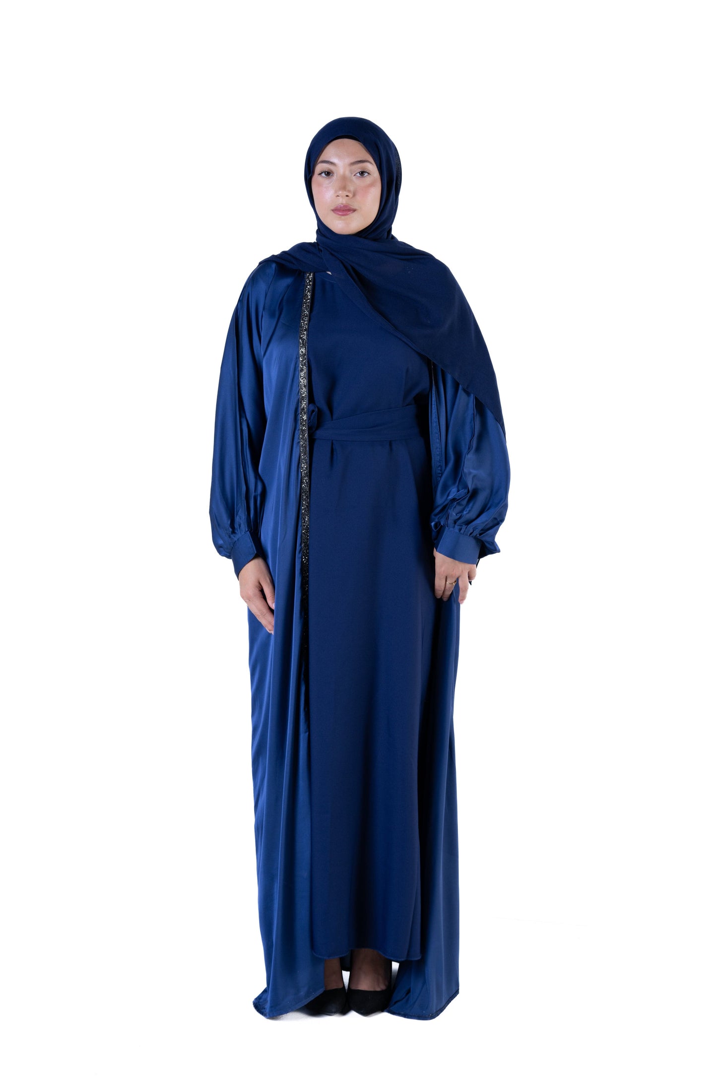 Jolie Nisa Abaya Luxurious Soft Navy Blue Open Abaya Kimono with Border Trim | Jolie Nisa | Montreal Soft Navy Blue Kimono Abaya | Modest Fashion | Montreal, Canada