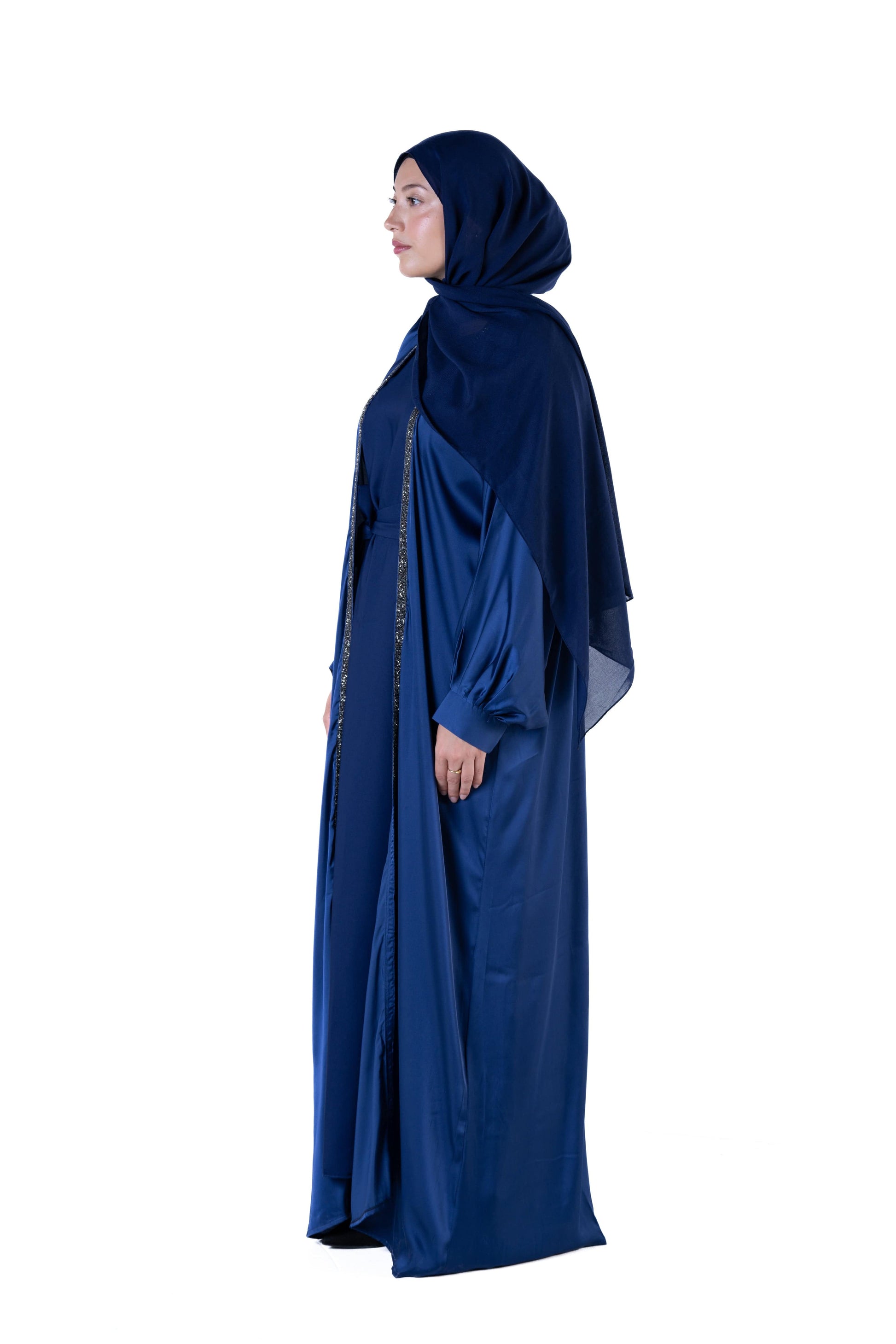 Jolie Nisa Abaya Luxurious Soft Navy Blue Open Abaya Kimono with Border Trim | Jolie Nisa | Montreal Soft Navy Blue Kimono Abaya | Modest Fashion | Montreal, Canada