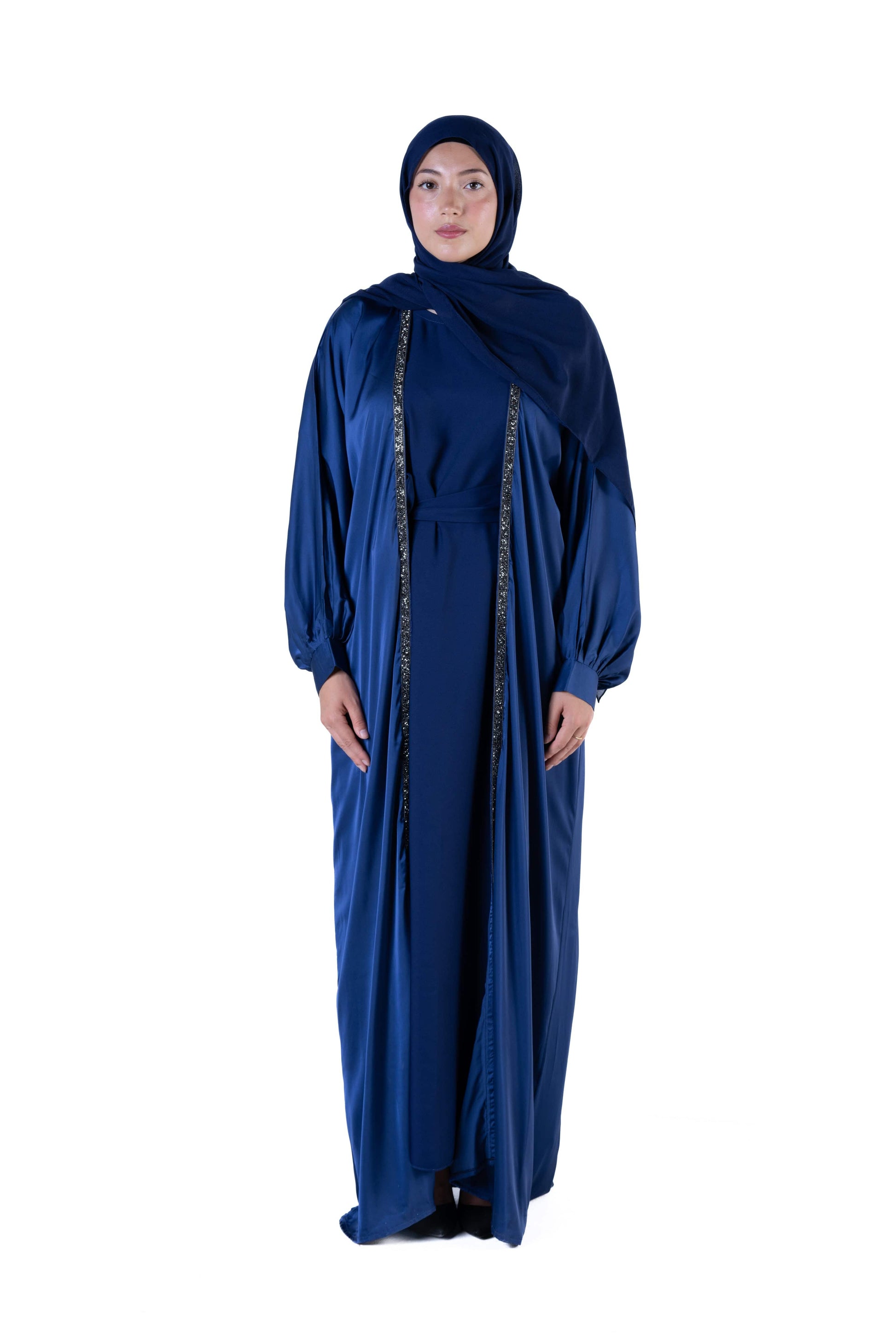 Jolie Nisa Abaya Luxurious Soft Navy Blue Open Abaya Kimono with Border Trim | Jolie Nisa | Montreal Soft Navy Blue Kimono Abaya | Modest Fashion | Montreal, Canada