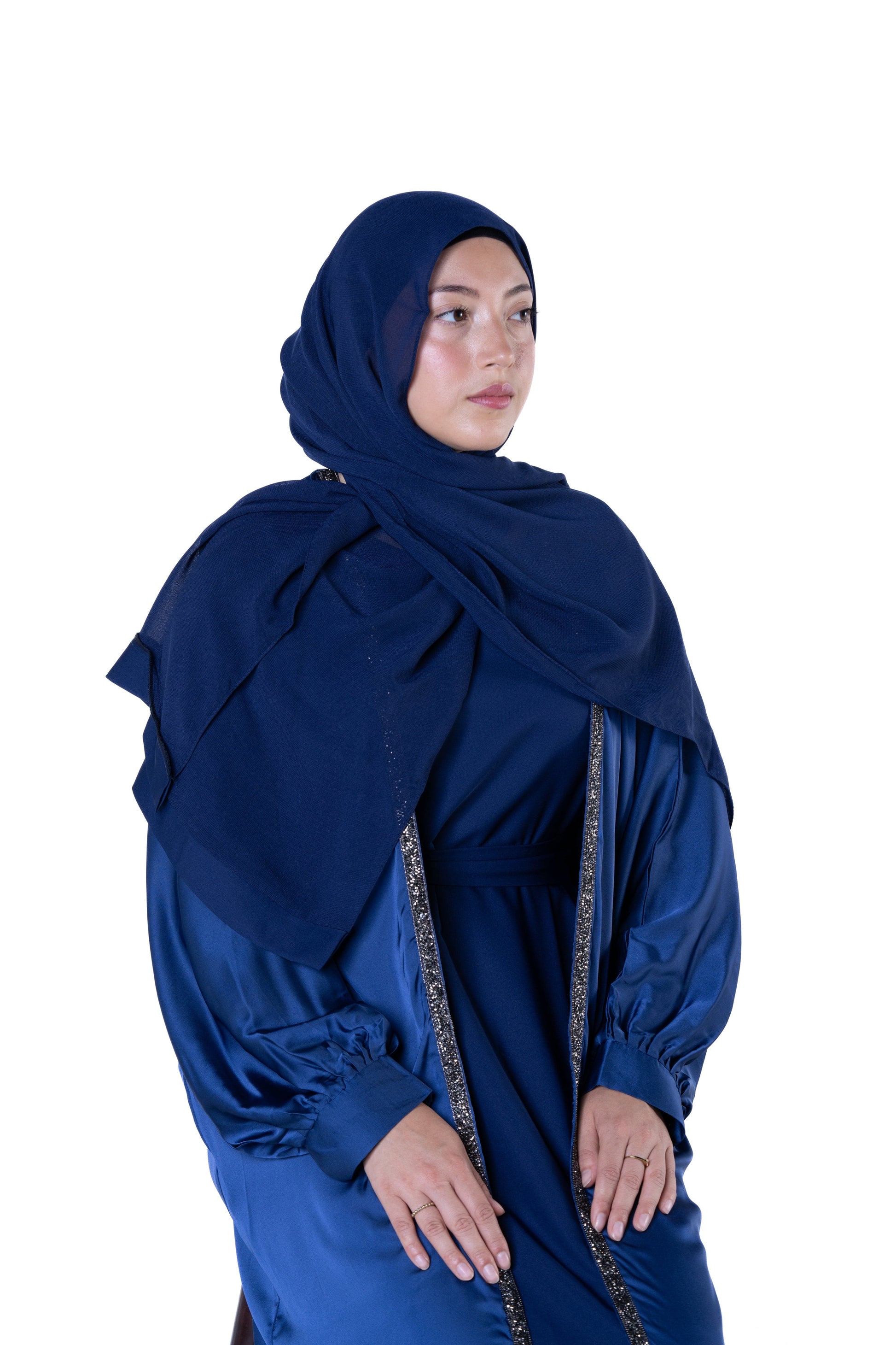 Jolie Nisa Abaya Luxurious Soft Navy Blue Open Abaya Kimono with Border Trim | Jolie Nisa | Montreal Soft Navy Blue Kimono Abaya | Modest Fashion | Montreal, Canada