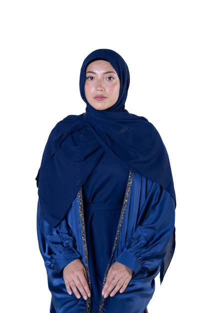 Jolie Nisa Abaya Luxurious Soft Navy Blue Open Abaya Kimono with Border Trim | Jolie Nisa | Montreal Soft Navy Blue Kimono Abaya | Modest Fashion | Montreal, Canada