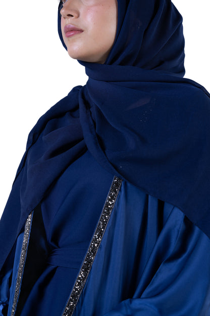 Jolie Nisa Abaya Luxurious Soft Navy Blue Open Abaya Kimono with Border Trim | Jolie Nisa | Montreal Soft Navy Blue Kimono Abaya | Modest Fashion | Montreal, Canada