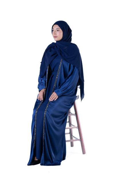 Jolie Nisa Abaya Luxurious Soft Navy Blue Open Abaya Kimono with Border Trim | Jolie Nisa | Montreal Soft Navy Blue Kimono Abaya | Modest Fashion | Montreal, Canada