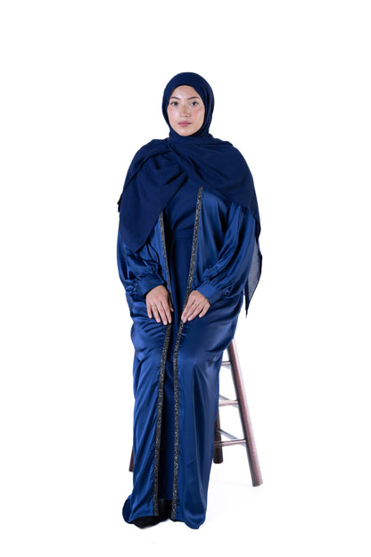 Jolie Nisa Abaya Luxurious Soft Navy Blue Open Abaya Kimono with Border Trim | Jolie Nisa | Montreal Soft Navy Blue Kimono Abaya | Modest Fashion | Montreal, Canada