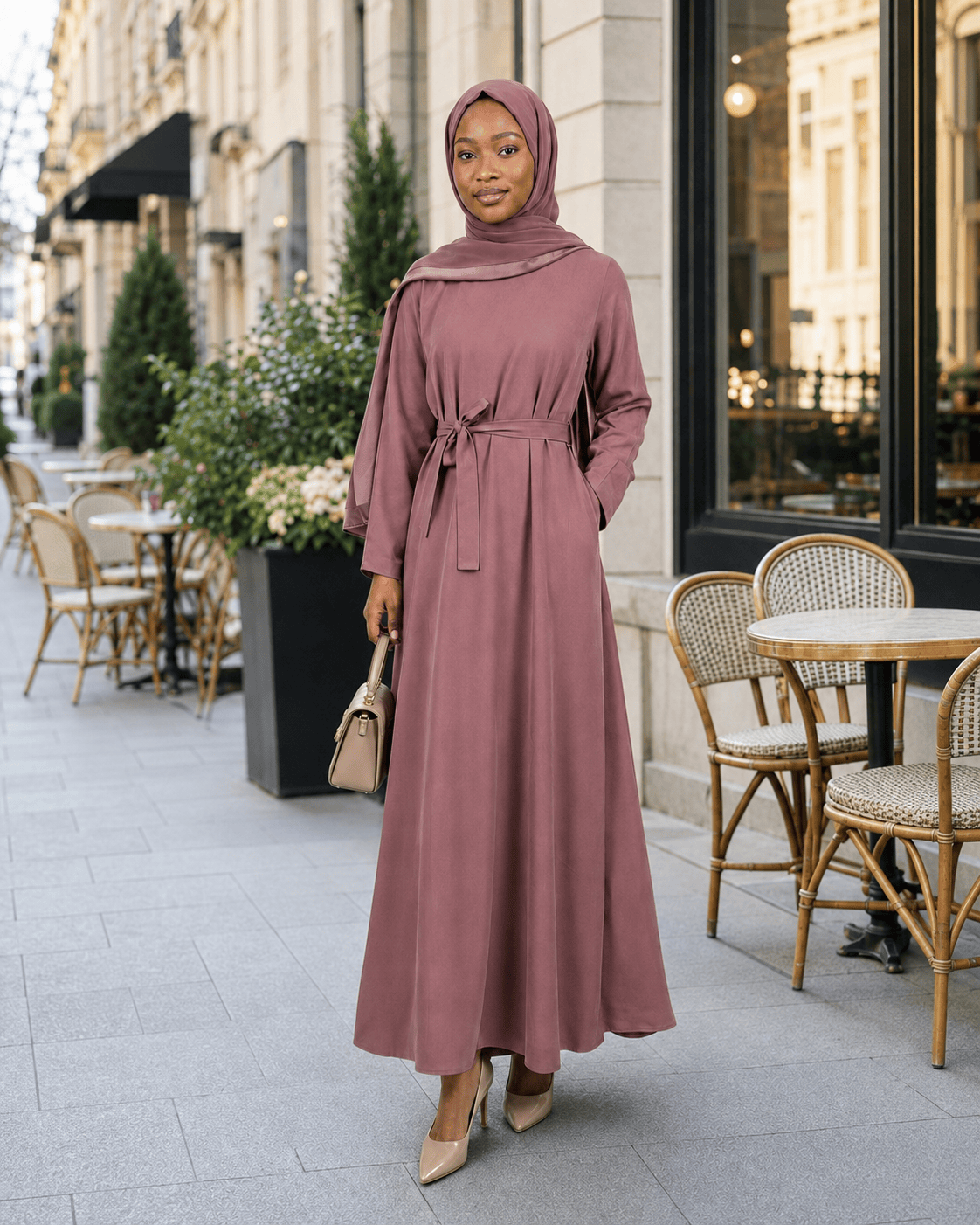 jolienisa Abaya Mauve Belted Nida Abaya | Includes Matching Hijab & Pockets Mauve Nida Abaya with Hijab & Belt | Jolie Nisa