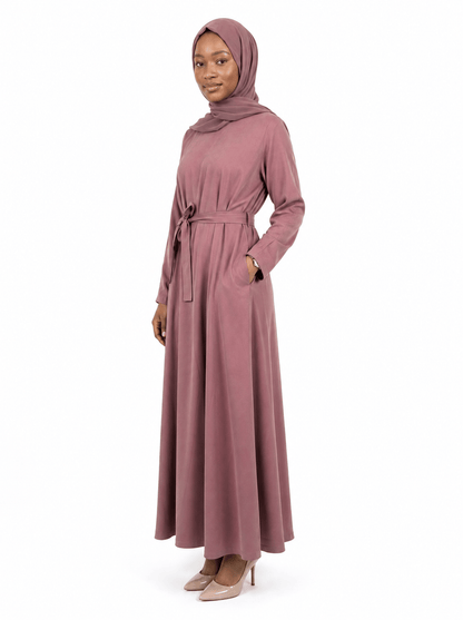 jolienisa Abaya Mauve Belted Nida Abaya | Includes Matching Hijab & Pockets Mauve Nida Abaya with Hijab & Belt | Jolie Nisa