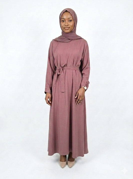jolienisa Abaya Mauve Belted Nida Abaya | Includes Matching Hijab & Pockets Mauve Nida Abaya with Hijab & Belt | Jolie Nisa