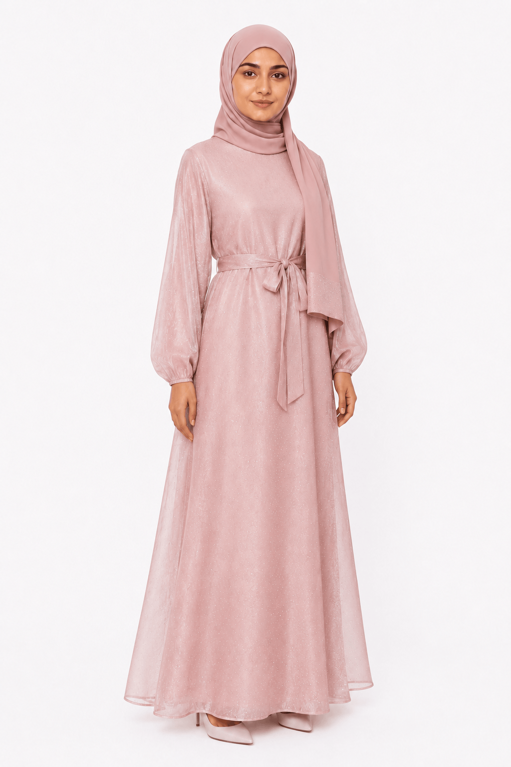 Rose Gold organza closed abaya set with matching hijab and belt by Jolie Nisa