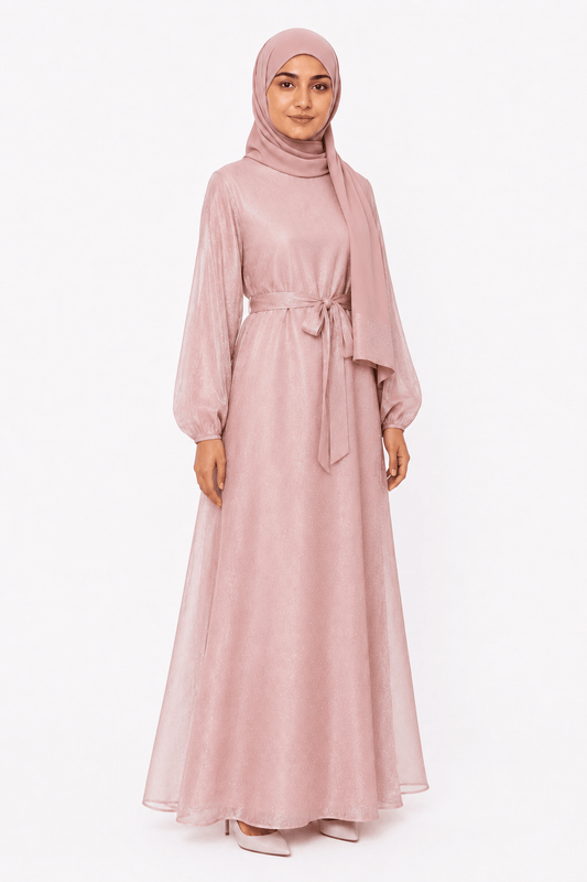 Rose Gold organza closed abaya set with matching hijab and belt by Jolie Nisa