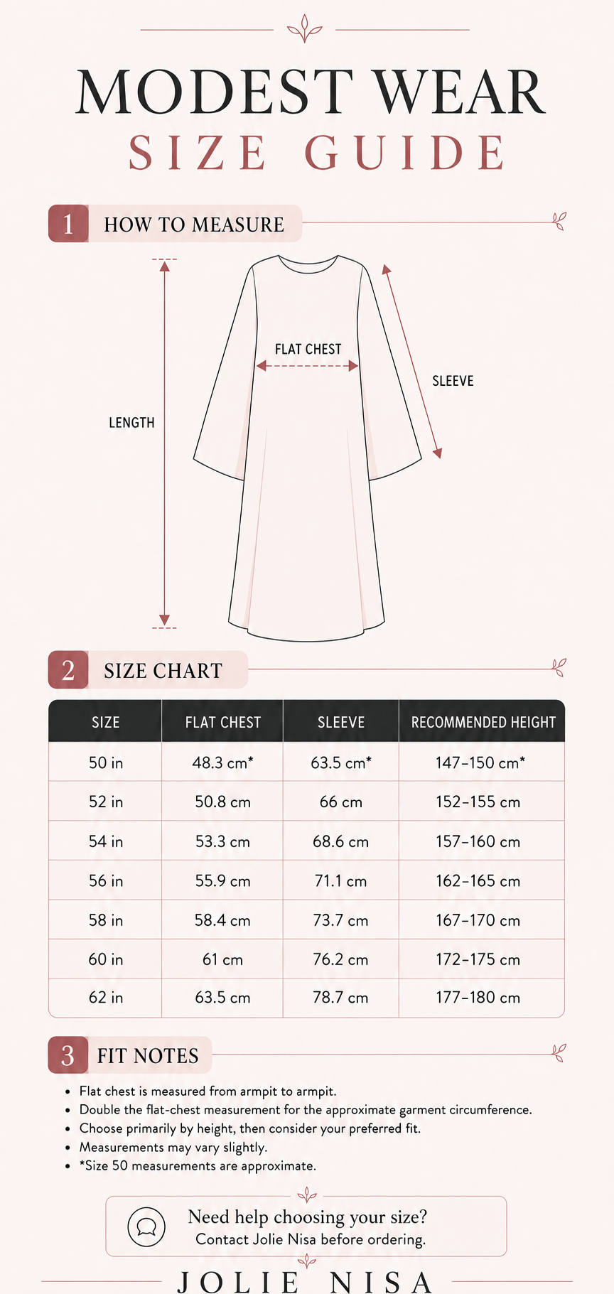 Jolie Nisa English abaya size guide for lengths