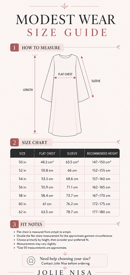 Jolie Nisa English abaya size guide for lengths