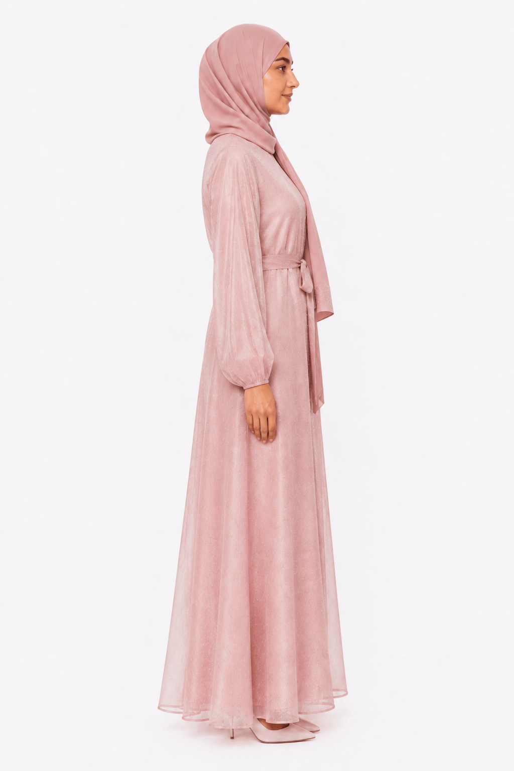 Rose Gold organza abaya and matching self-tie belt