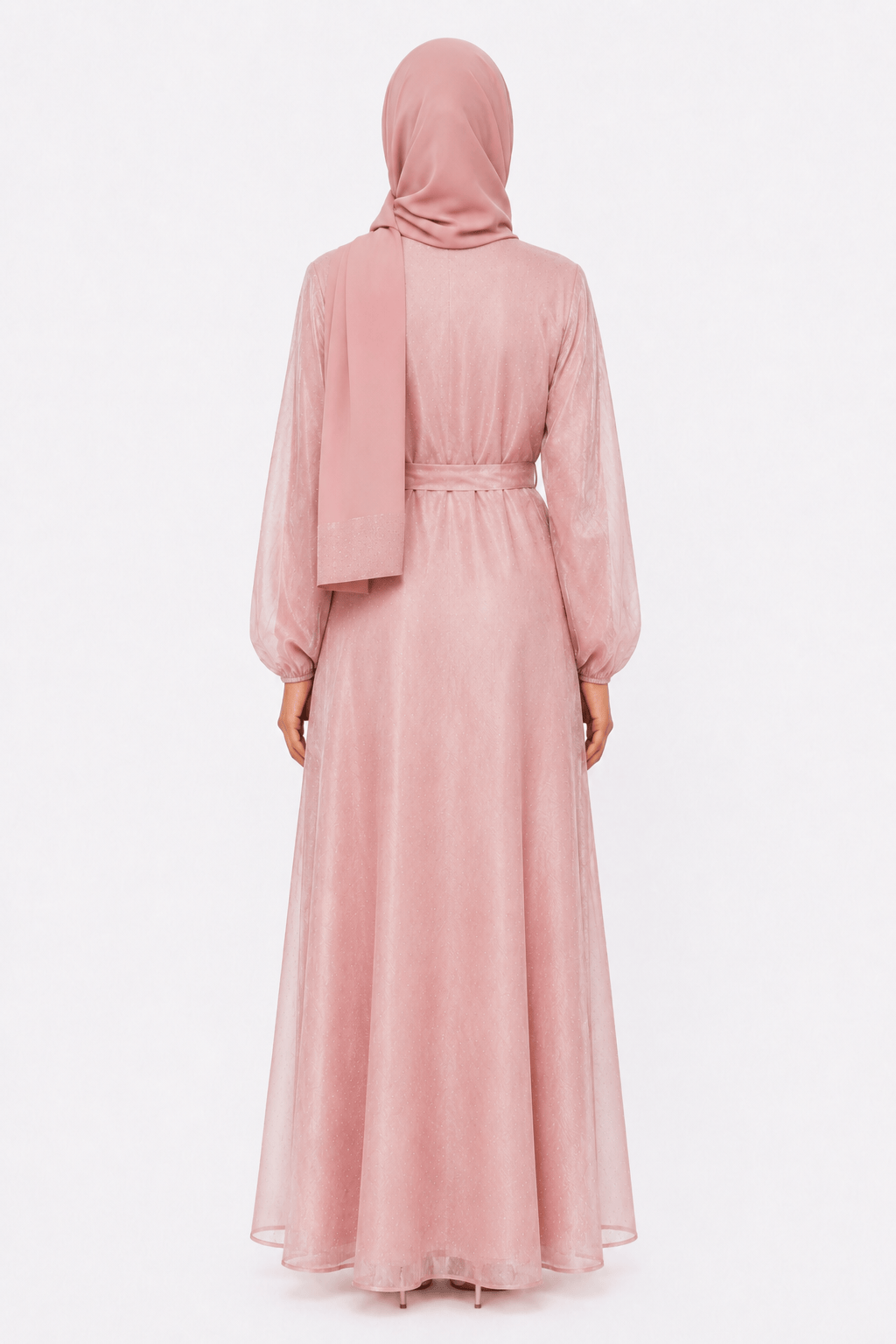 Back view of Rose Gold sparkle organza closed abaya with matching hijab