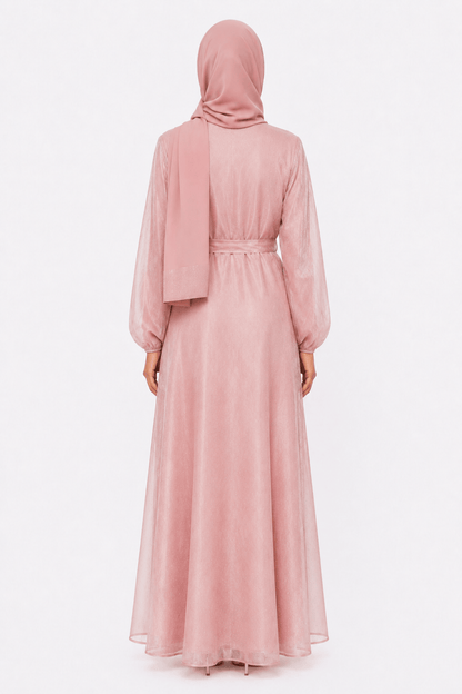 Back view of Rose Gold sparkle organza closed abaya with matching hijab