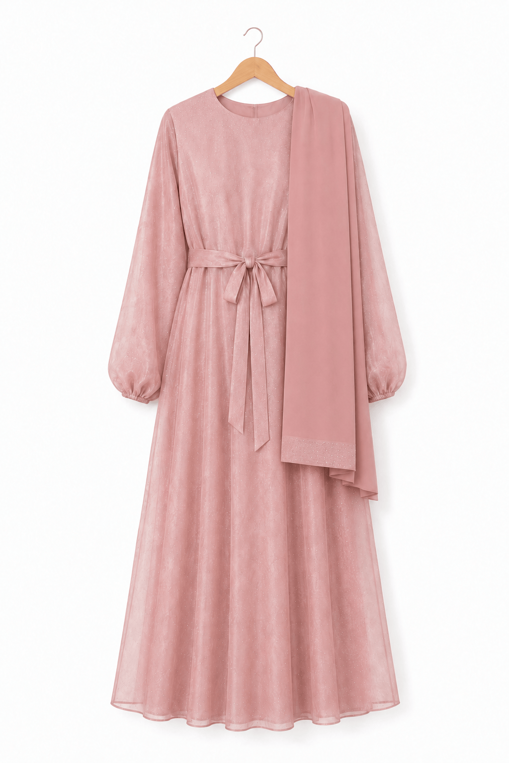 Rose Gold sparkle organza closed abaya with matching hijab
