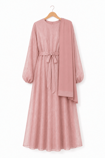 Rose Gold sparkle organza closed abaya with matching hijab