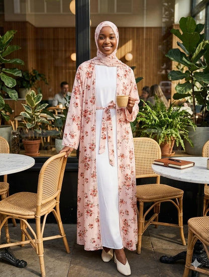 Blush Pink Floral 4-Piece Abaya Kimono Set | Jolie Nisa