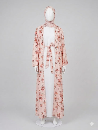 Blush Pink Floral 4-Piece Abaya Kimono Set | Jolie Nisa