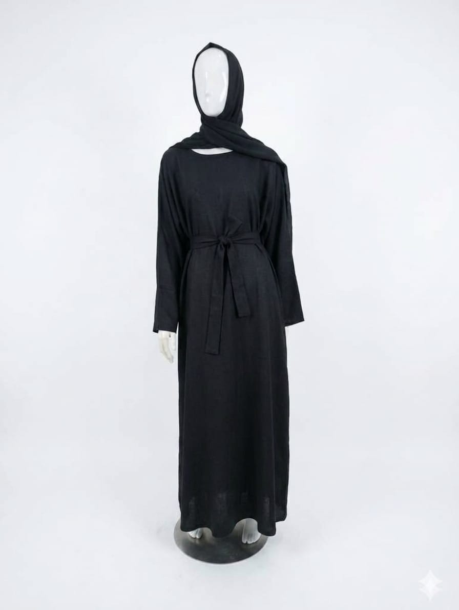 Jolie Nisa Abaya Black Belted Nida Abaya | Includes Matching Hijab & Pockets Black Belted Nida Abaya | Includes Matching Hijab & Pockets