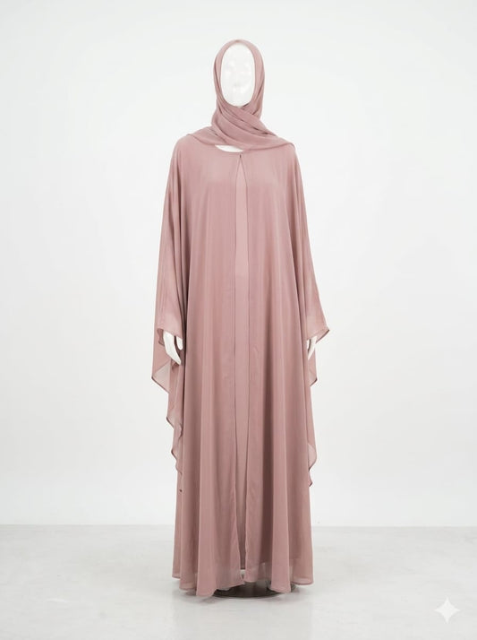 Jolie Nisa Kaftan Chiffon Butterfly Abaya with Hijab | Dusty Rose Farasha Butterfly Abaya with Hijab | Dusty Rose | Jolie Nisa