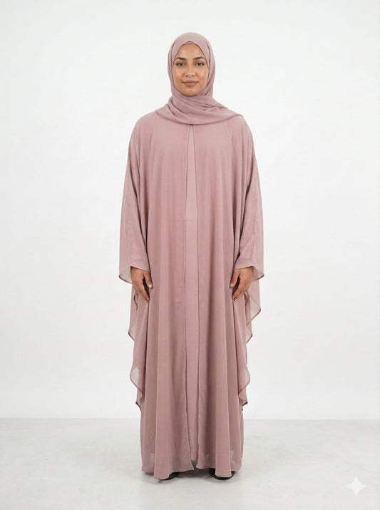 Jolie Nisa Kaftan Chiffon Butterfly Abaya with Hijab | Dusty Rose Farasha Butterfly Abaya with Hijab | Dusty Rose | Jolie Nisa