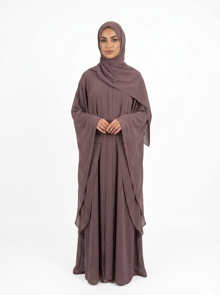 Jolie Nisa Kaftan 52 Chiffon Butterfly Abaya with Hijab | Mauve Farasha Butterfly Abaya with Hijab | Mauve | Jolie Nisa