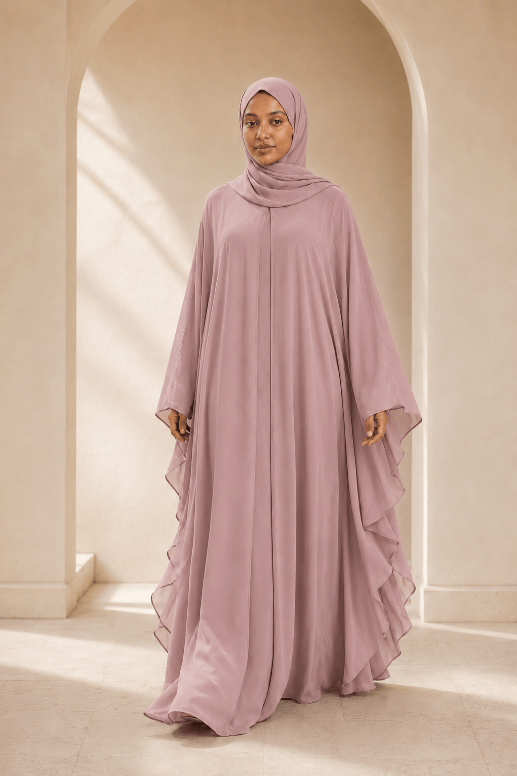 Jolie Nisa Kaftan Dusty Rose Butterfly Farasha Abaya | Jolie Nisa Farasha Butterfly Abaya with Hijab | Rose Pink | Jolie Nisa