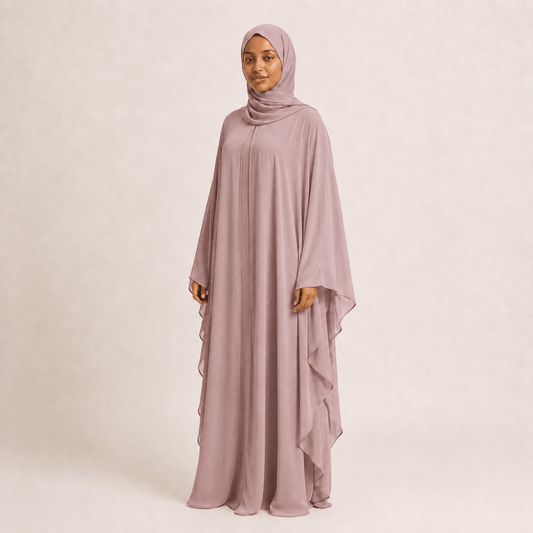 Jolie Nisa Kaftan Dusty Rose Butterfly Farasha Abaya | Jolie Nisa Farasha Butterfly Abaya with Hijab | Rose Pink | Jolie Nisa