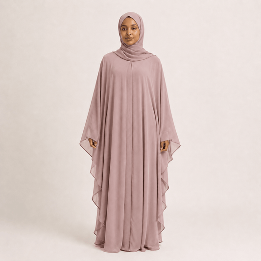 Jolie Nisa Kaftan Dusty Rose Butterfly Farasha Abaya | Jolie Nisa Farasha Butterfly Abaya with Hijab | Rose Pink | Jolie Nisa