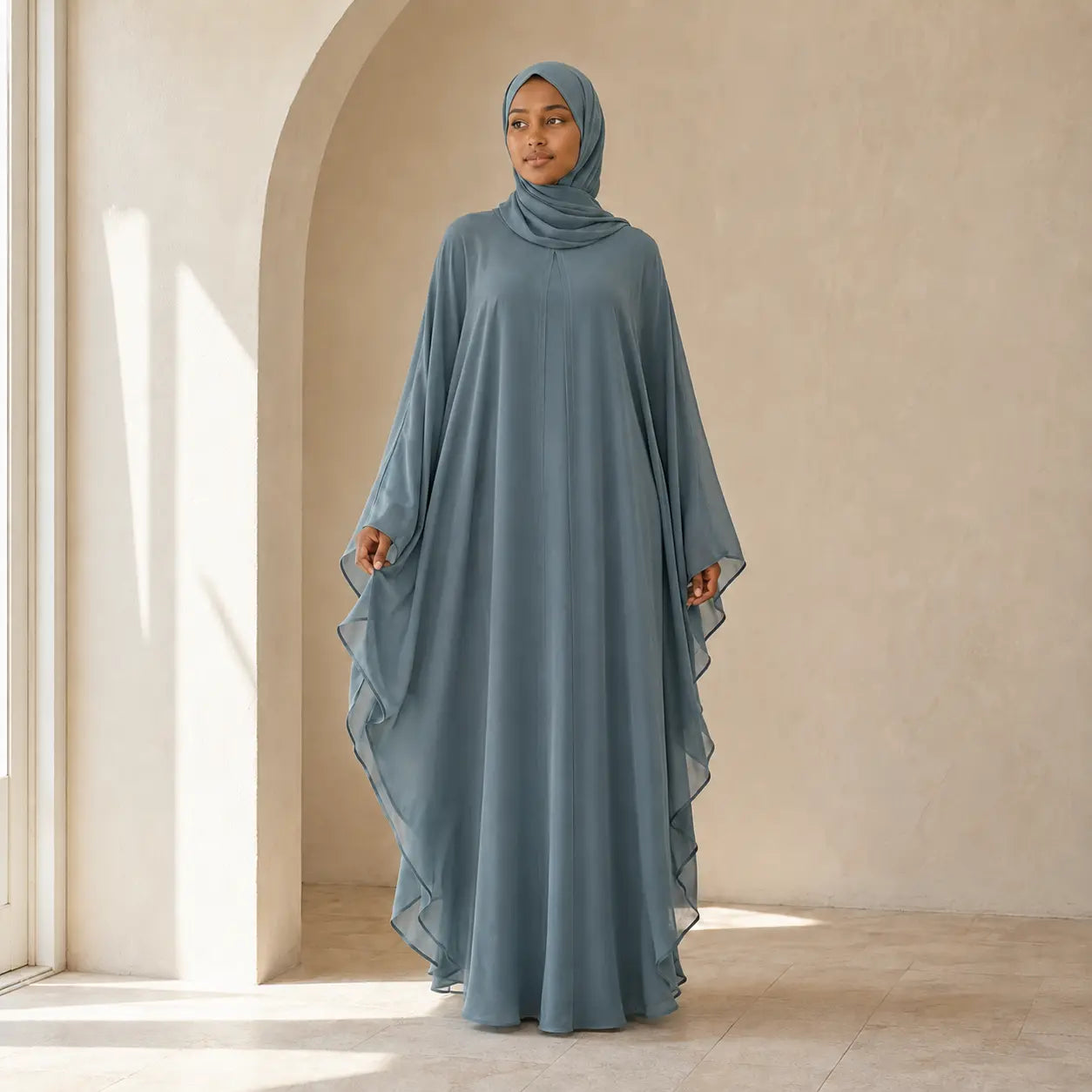 Jolie Nisa Kaftan Jade Green Chiffon Butterfly Farasha Abaya with Hijab Jade Green Chiffon Butterfly Farasha Abaya with Hijab