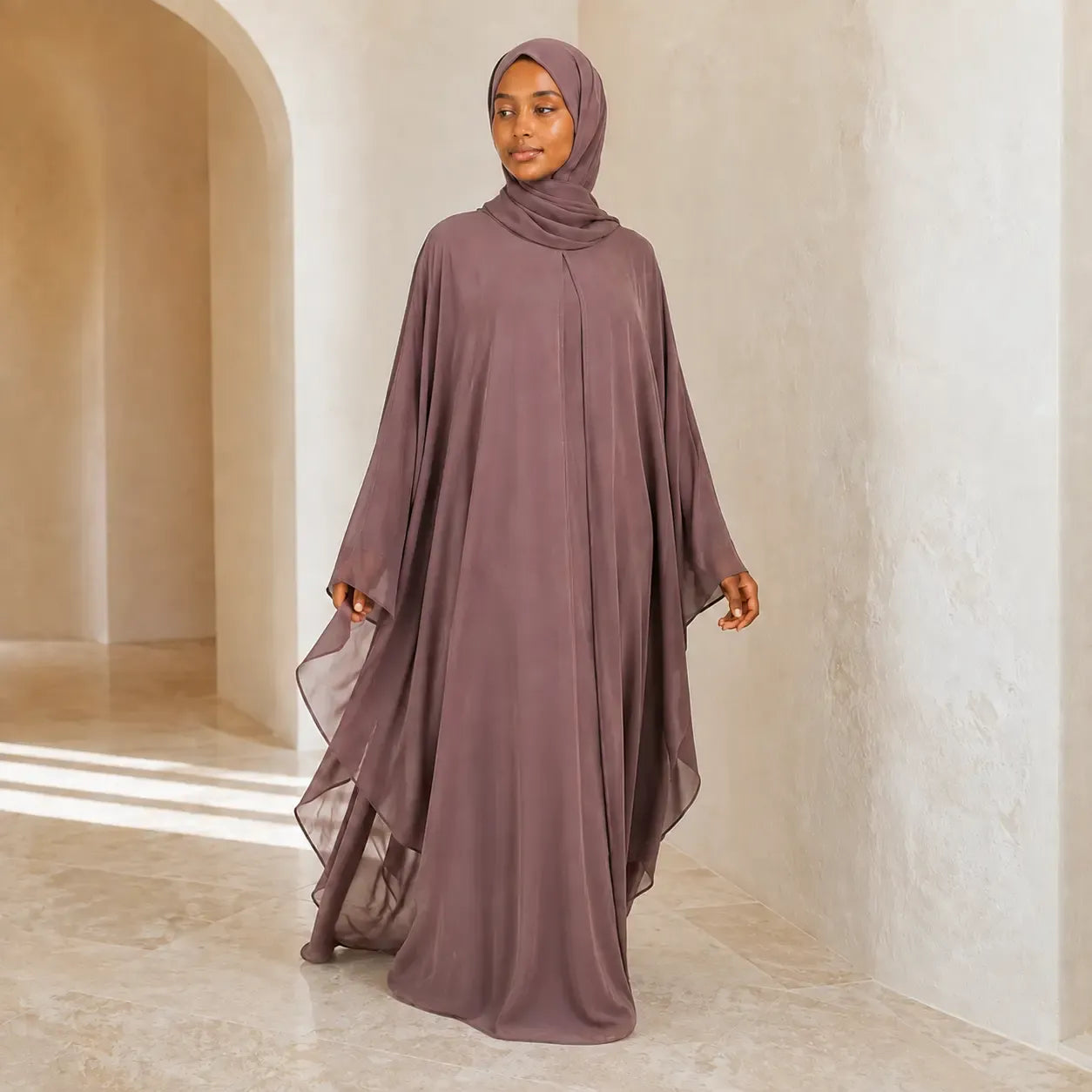 Jolie Nisa Kaftan Mauve Chiffon Butterfly Farasha Abaya with Matching Hijab Farasha Butterfly Abaya with Hijab | Mauve | Jolie Nisa