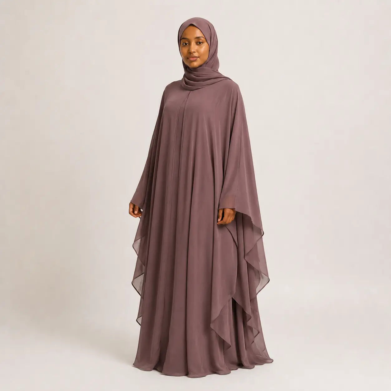 Jolie Nisa Kaftan Mauve Chiffon Butterfly Farasha Abaya with Matching Hijab Farasha Butterfly Abaya with Hijab | Mauve | Jolie Nisa