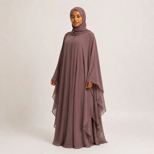 Jolie Nisa Kaftan Mauve Chiffon Butterfly Farasha Abaya with Matching Hijab Farasha Butterfly Abaya with Hijab | Mauve | Jolie Nisa