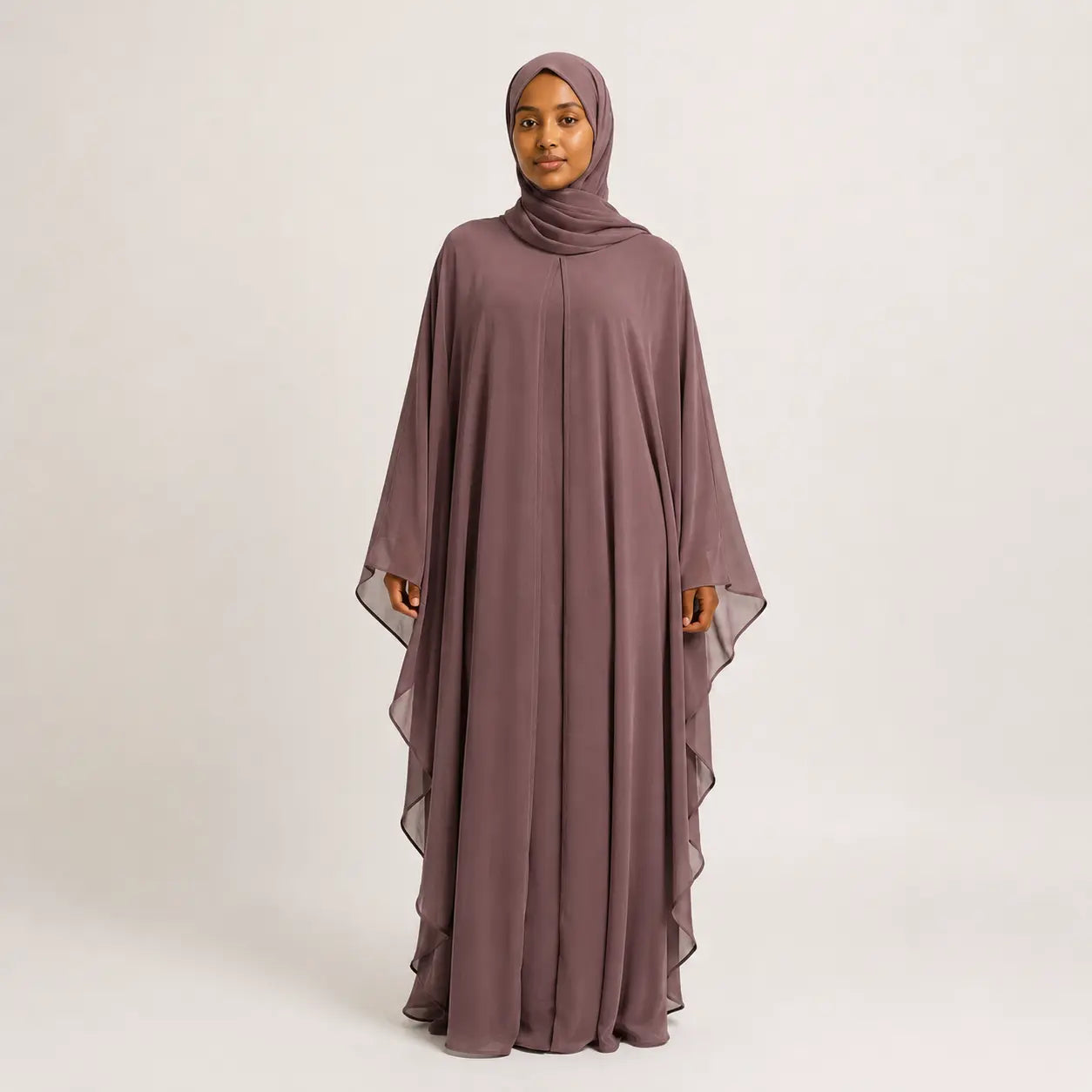 Jolie Nisa Kaftan Mauve Chiffon Butterfly Farasha Abaya with Matching Hijab Farasha Butterfly Abaya with Hijab | Mauve | Jolie Nisa