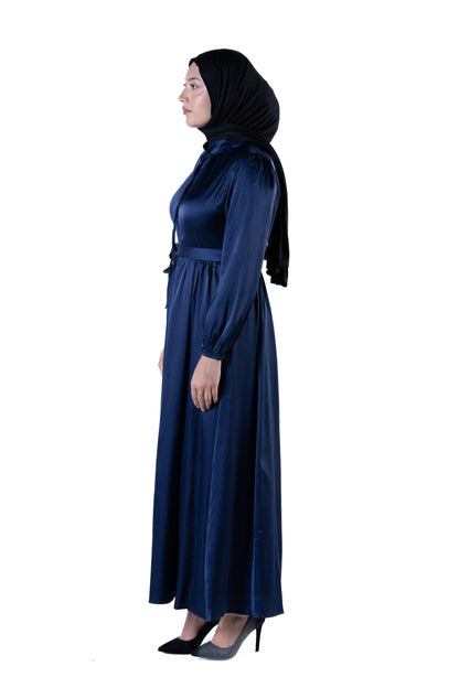 Jolie Nisa Maxi Dress Jolie Nisa Elegant Navy Blue Silk Dress | Long Dress with Belt | Maxi Dress for Weddings & Formal Events Elegant Maxi Dresse Navy Blue|Montreal Modest Wear | Jolie Nisa Canada